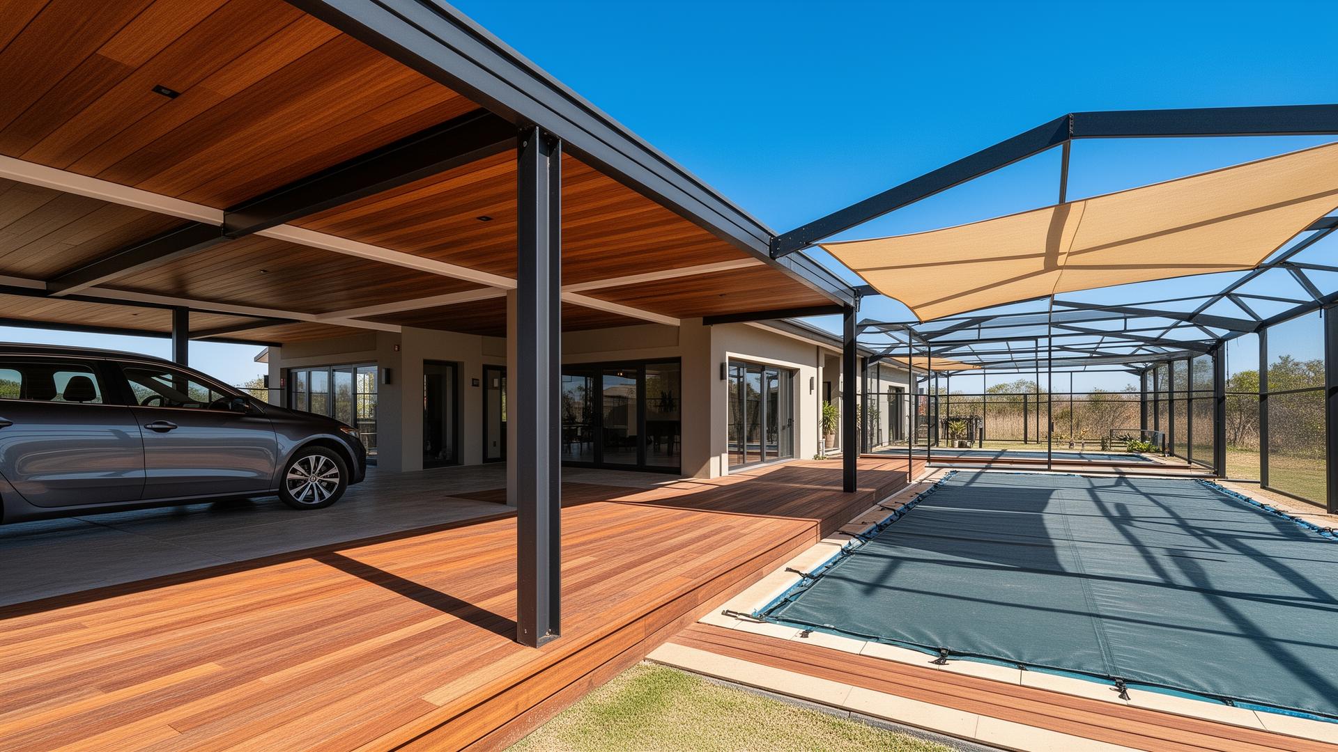 Luxury outdoor installation with carport, decking, shade structure and pool cover
